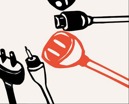 Imagem ilustrativa, que mostra ilustrações de cabos com diferentes entradas em preto e um em vermelho, ao centro da imagem