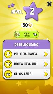 Screenshot of the My Talking Tom game, with the text "Nível 2 - 50 coins" and the "Dobre Grátis" button, with a video icon. Below, a frame with the texts: "Desbloqueado: Pelliccia Bianca, Roupa Havaiana e Olhos Azuis", with the cat, t-shirt and eye icons, respectively.