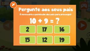 Screen print of an orange frame from the O Show da Luna app! Games and Videos with a white text: "Pergunte aos seus pais. É necessária a permissão dos pais para prosseguir. 10 + 9 = ?" and below the boxes with a green background with the values written in black: 2, 17, 16, 15, 12 and 19.