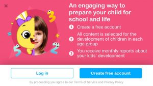 Screen print with a pink frame from the PlayKids: Ensinar e Aprender app, with an image on the left that shows half a face of a cartoon rabbit, on the left, and on the right, half a girl's face, with drawings of the numbers 3 in yellow and 5 and 2 in blue, with eyes and mouths around them. On the right side of the image, are presented the texts "An engaging way to prepare your children for school and life"; "1- Create a free account"; "2- All content is selected for the development of children in each age group"; and "3- You receive monthly reports about your kids' development". Below are the buttons "Log in", in white, and "Create free account", in blue, and the text "By proceeding you agree to our Terms of Service and Privacy Policy" in light gray with letters smaller than the rest of the texts.