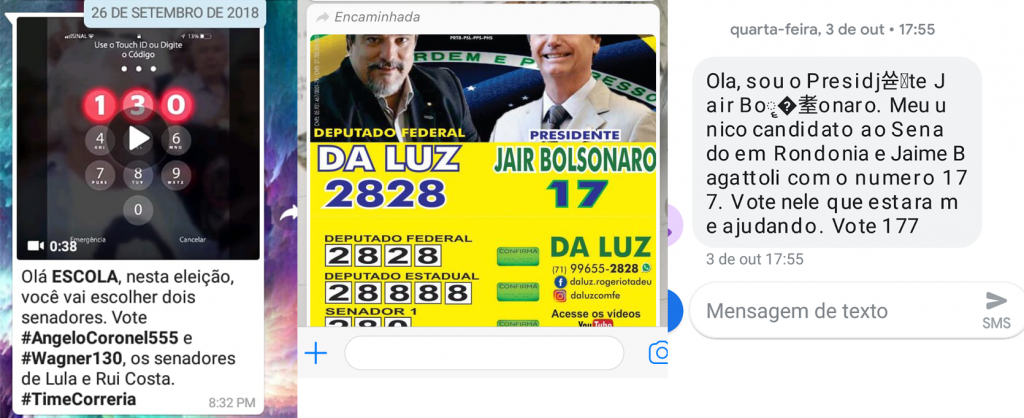 A imagem apresenta 3 mensagens similares aos tradicionais santinhos. A primeira mensagem contém um vídeo e o texto “Olá ESCOLA, nesta eleição, você vai escolher dois senadores. Vote #AngeloCoronel555 e #Wagner130, os senadores de Lula e Rui Costa. #TimeCorreria. A segunda mensagem contém os números de candidatos a deputado federal, deputado estadual, senador e presidente, bem como fotos do candidato Da Luz e de Jair Bolsonaro e os endereços para as redes sociais de Da Luz. A terceira imagem é uma mensagem com o texto: Oa, sou o Presidente Jair Bolsonaro. Meu único candidato ao Senado em Rondônia é Jaime Bagattoli com o número 177. Vote nele que estará me ajudando. Vote 177.