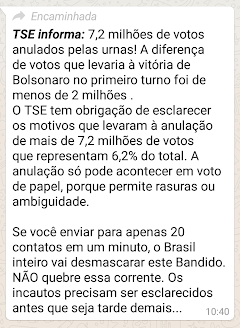 Print Screen de mensagem: TSE Informa: 7,2 milhões de votos anulados pelas urnas! A diferença de votos que levaria à vitória de Bolsonaro no primeiro turno foi de menos de 2 milhões. O TSE tem obrigação de esclarecer os motivos que levaram à anulação de mais de 7,2 milhões de votos que representam 6,2% do total. A anulação só pode acontecer em voto de papel, porque permite rasuras ou ambiguidade. Se você enviar para apenas 20 contatos em um minuto, o Brasil inteiro vai desmascarar este Bandido. NÃO quebre essa corrente. Os incautos precisam ser esclarecidos antes que seja tarde demais…