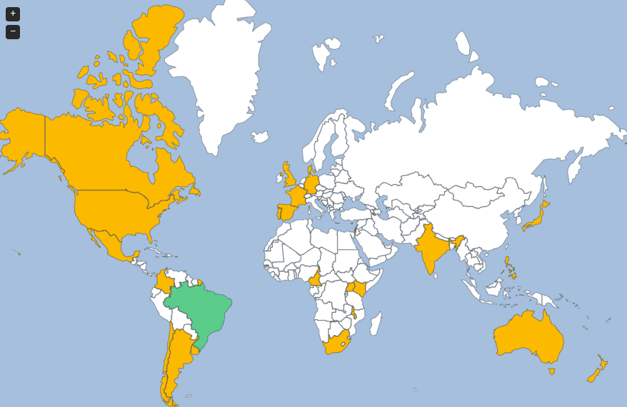 Enfrentando Disseminação Não Consentida de Imagens Íntimas: uma análise comparada Mapa mundi com o Brasil destacado em verde, os seguintes países destacados em amarelo: Estados Unidos, Canadá, México, Porto Rico, Colômbia, Guiana Francesa, Chile, Argentina, Uruguai, Portugal, Espanha, França, Alemanha, Reino Unido, Dinamarca, Camarões, Uganda, Quênia, Malawi, África do Sul, Israel, Índia, Japão, Filipinas, Austrália e Nova Zelândia. O restante dos países está em branco.