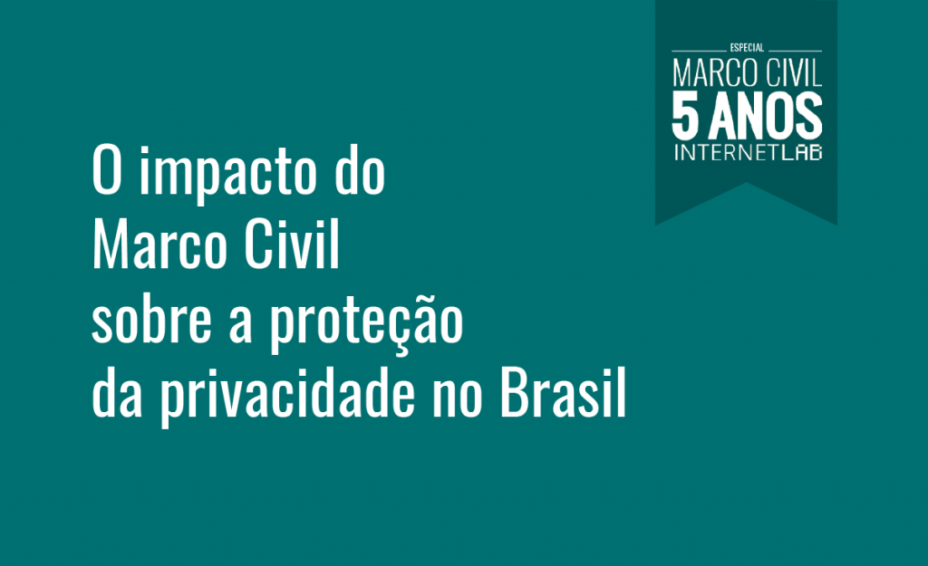 Imagem ilustrativa do projeto, com fundo verde-água e o texto centralizado à esquerda: O impacto do Marco Civil sobre a proteção da privacidade no Brasil. No topo à direita, a logo do projeto em um quadro com tom de verde-água mais escuro em formato de bandeira com o texto: Especial Marco Civil 5 anos InternetLab.