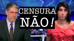 Foto de William Bonner e colagem do rosto de Rafucko no lugar do de Renata Vasconcellos, com o cenário do Jornal Nacional ao fundo e o texto centralizado: Censura NÃO!