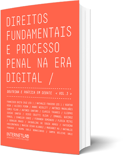 Imagem em 3D do livro Direitos fundamntais e processo penal na era digital.  A capa do livro é laranja avermelhado e as folhas na lateral, brancas.