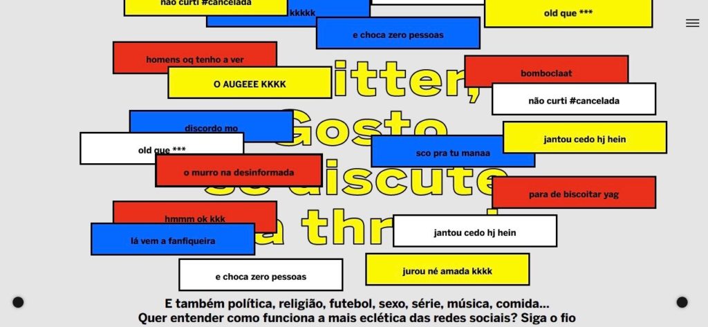 Na imagem em fundo cinza, há alguns retângulos em branco, azul, amarelo e vermelho com comentários de usuários na internet. Entre eles, estão "choca zero pessoas", "o auge kkk" e "não curti #cancelada".