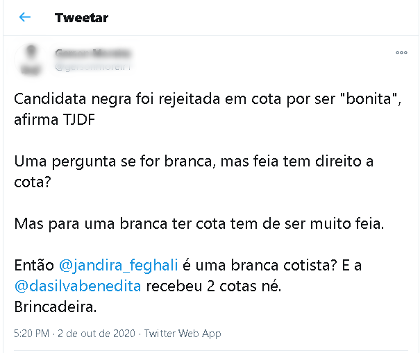"A black candidate was rejected for affirmative action for being "pretty" says TJDF [Court of Appeals of Distrito Federal] A question: if she is white, but ugly, is she entitled to be in the quota? But for a white woman to be in a quota, she has to be very ugly. So @ jandira.feghali is a white member of the quota? And @dasilvabenedita received 2 parts right. What a joke!"