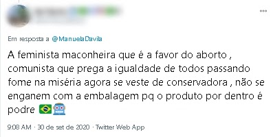 Tweet para Joice Hasselmann que diz "a feminista maconheira que é a favor do aborto, comunista que prega a igualdade de todos passando fome na miséria agora se veste de conservadora, não se enganem com a embalagem porque o produto  por dentro é podre" acompanhado de um emoji da bandeira do Brasile e de um robô.