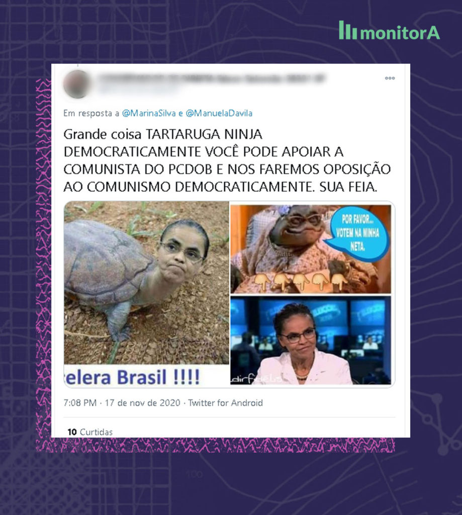 Tweet direcionado à Marina Silva que diz "grande coisa tartaruga ninja democraticamente você pode apoiar a comunista do PCdoB e nós faremos oposição ao comunismo democraticamente. Sua feia." Abaixo, uma montagem da cabeça da candidata substituindo a cabeça de uma tartarua, uma foto da "mamãe dinossauro" e uma foto da candidata em um debate.