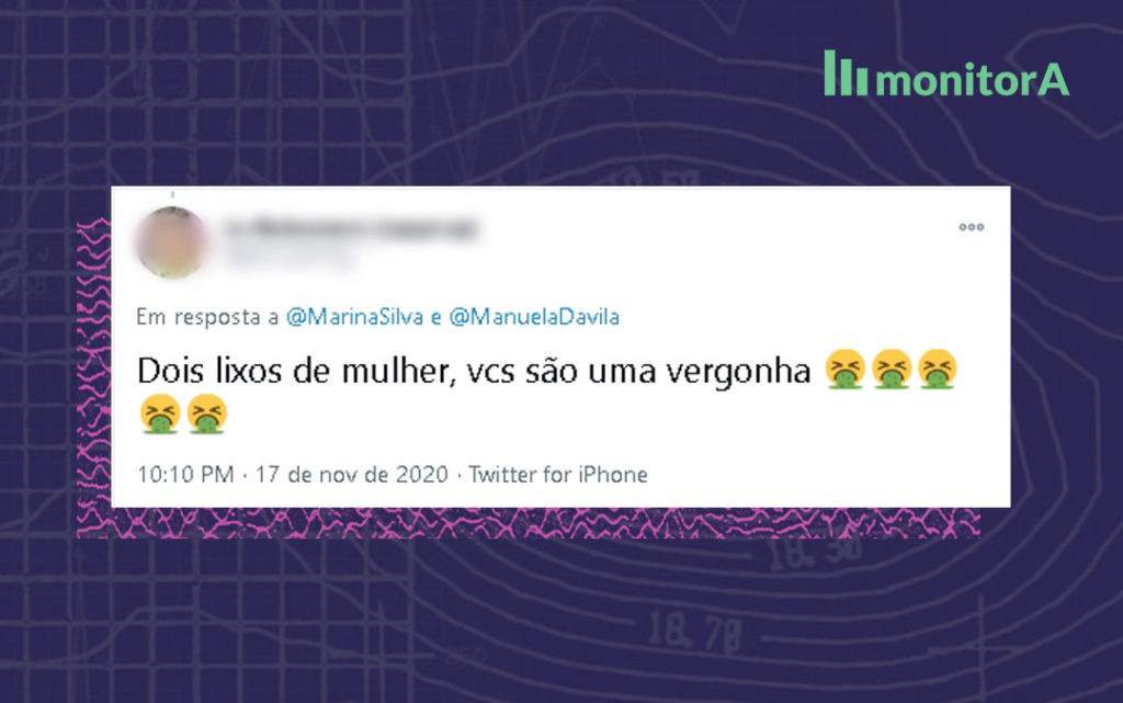 Tweet para manuela d'a´vila e marina silva: Dois lixos de mulher, vocês são uma vergonha. Ao final, emojis de vômito.