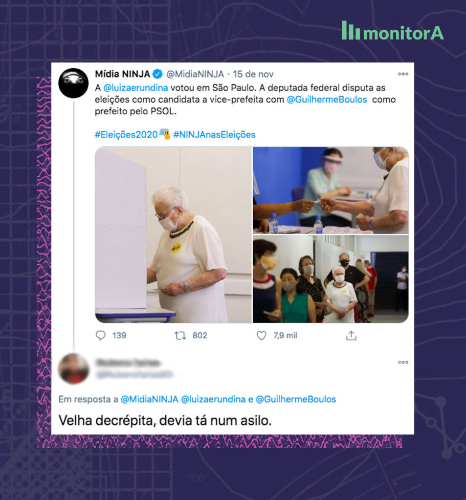 Tweet do Mídia Ninja que diz "A luiza erundina votou em São Paulo. A deputada federal disputa as eleições como candidata a vice-prefeia com Guiherme Boulos como prefeito do PSOL. " Em resposta, um usário escreve " velha decrépita, devia estar e um asilo".