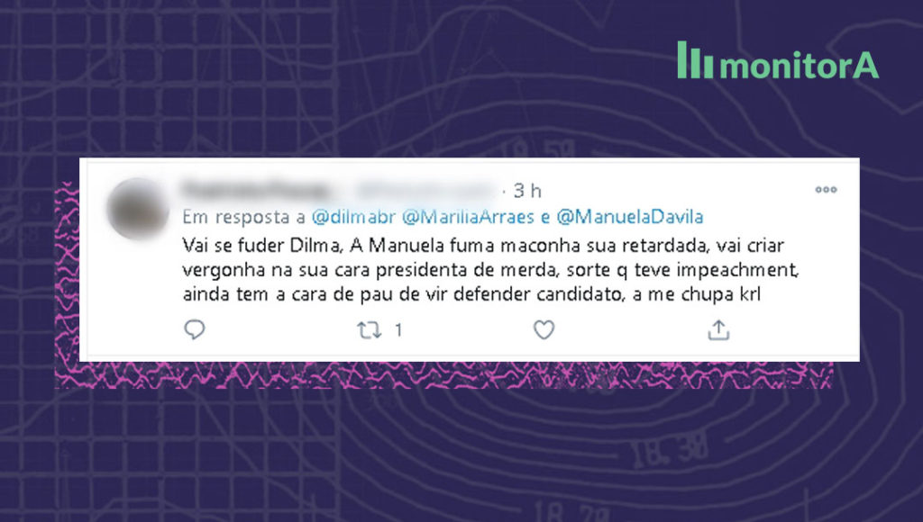 Tweet que diz "vai se fuder Dilma. A Manuela fuma maconha sua retardada, vai criar vergonha na sua cara presidenta de merdaa, sorte que teve impeachment, ainda tem a cara de pau de vir defendir candidato, a me chupa krl."