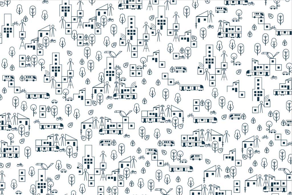 Arte com prédios, pessoas, carros, trens, ônibus, vegetação e animais em linhas azuis sobre fundo branco, ilustrando uma cidade. 