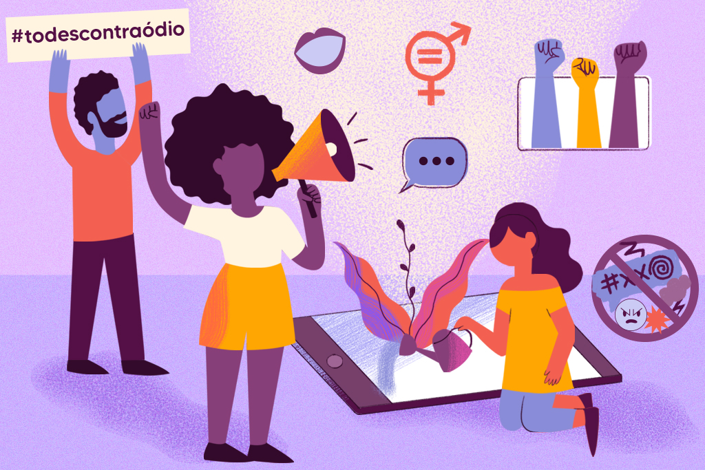 Ilustração com homens e mulheres que representam a ação contra o discurso de ódio online contra mulheres.