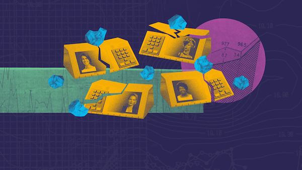 Imagem com fundo colorido roxo e verde e quatro urnas eletrônicas amarelas rachadas pelo ataque de cédulas amassadas. Na tela das urnas constam as fotos das seguintes candidaturas femininas: Manuela D'ávila, Érika Hilton, Joice Hasselmann e Benedita da Silva.