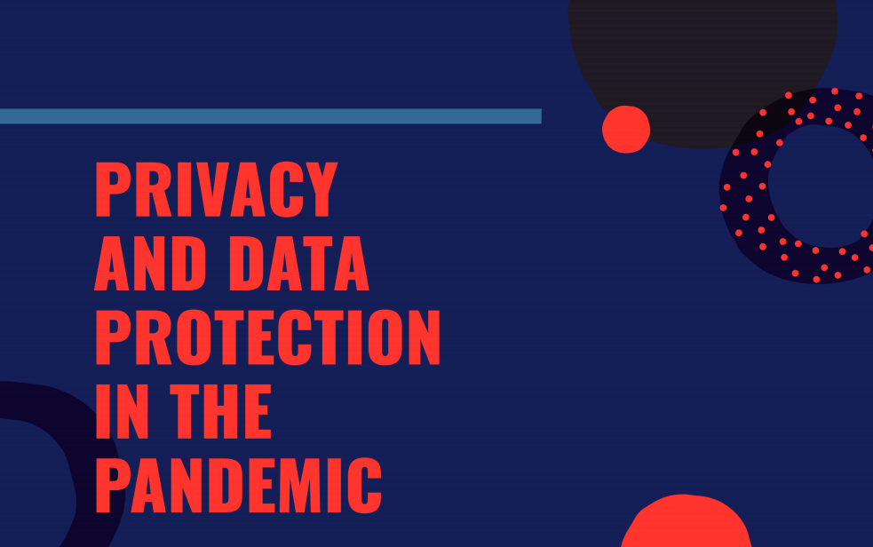 Ilustração em fundo azul com bolinhas vermelhas, e título em vermelho escrito "Privacy and data protection in the pandemic".