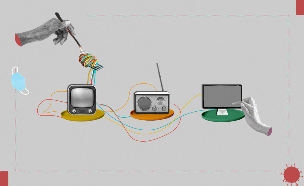 A colagem do projeto Dieta de Mídia na Pandemia apresenta uma mão segurando um garfo com fios enrolados, em referência a um macarrão que conecta uma televisão antiga, um rádio antigo e um monitor de computador atual. Nesta, há uma mão tocando a tela. Na margem esquerda há uma máscara cirúrgica. Já na direita, o símbolo de um vírus.