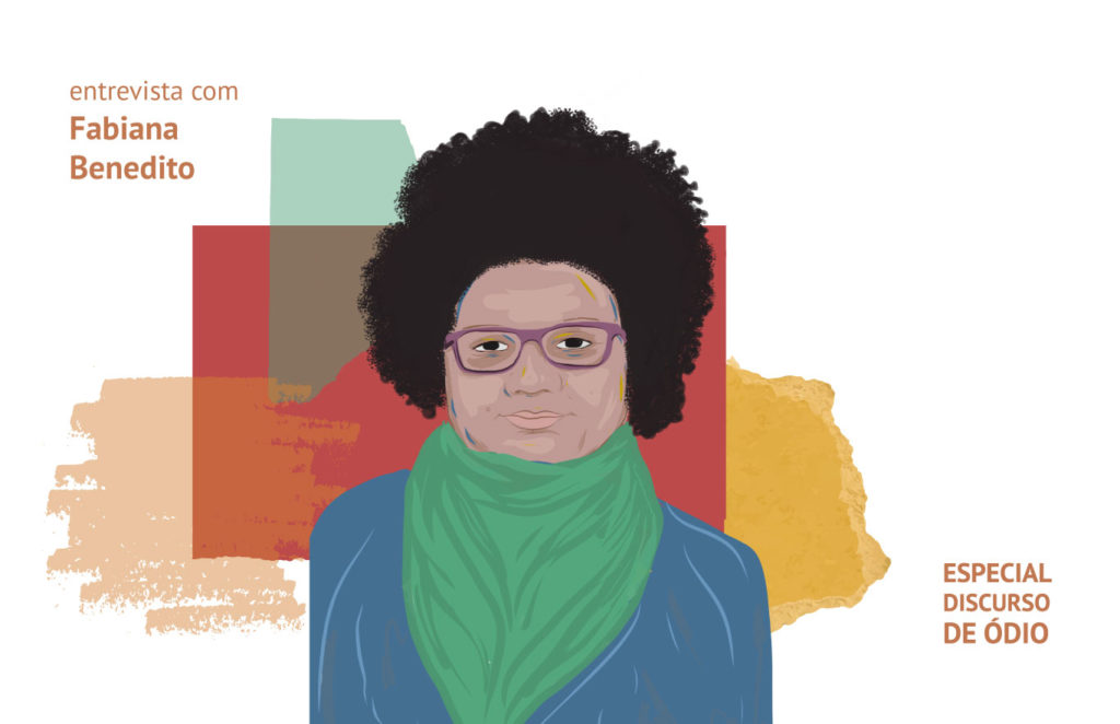 Ilustração da jornalista e ativista Fabiana Benedito, mulher negra, de cabelos pretos, portando um óculos e uma bandana verde no pescoço, blusa azul, feita por Atemoia.