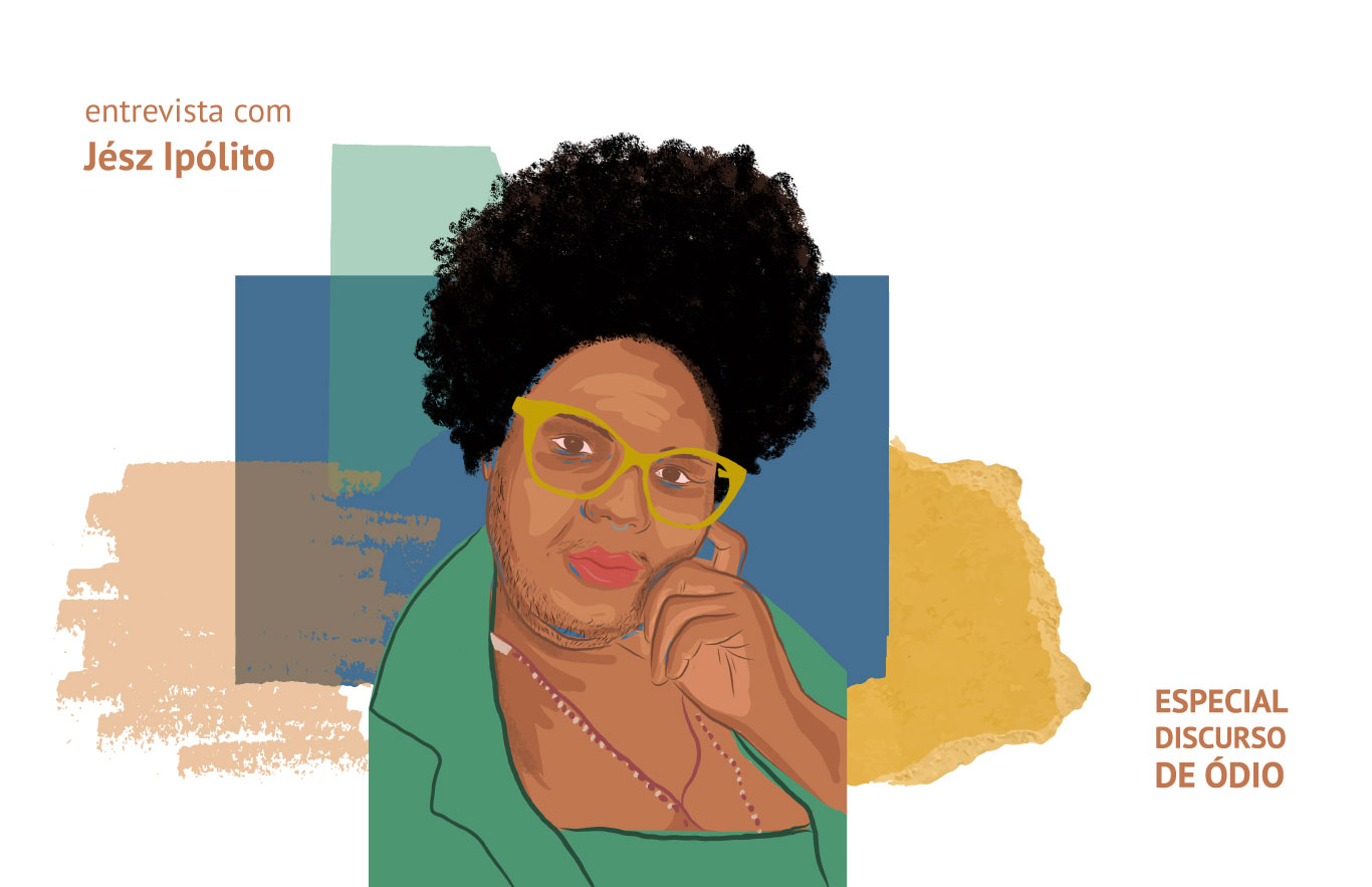 Ilustração de Jész Ipólito, mulher negra de cabelos crespos pretos e curtos, porta um óculos amarelo, um casaco verde e um colar de bolinhas, com a mão esquerda tocando o rosto. A ilustração foi feita para o Especial Discurso de Ódio, por Stephanie Pollo.