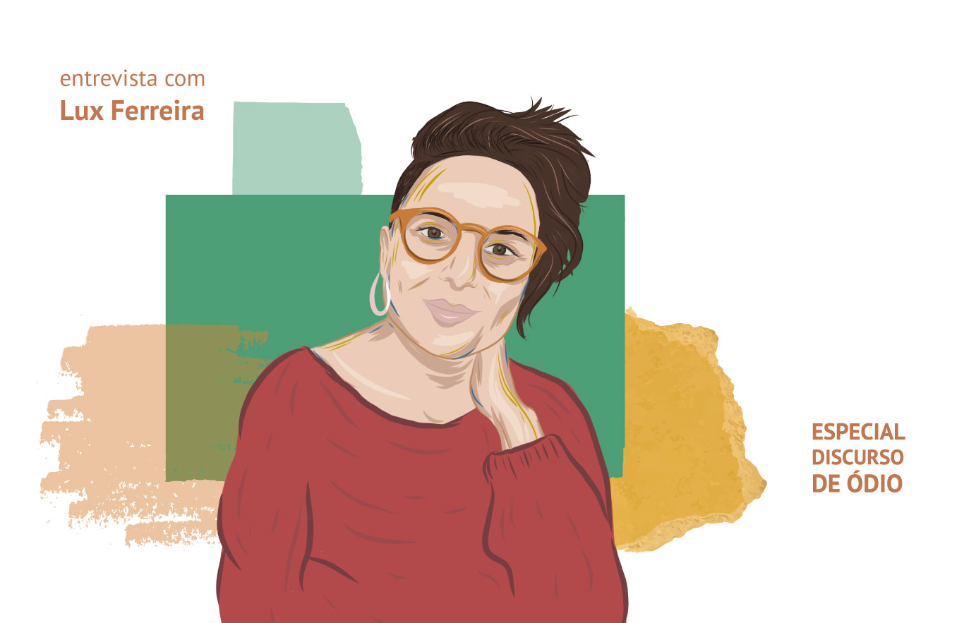 Ilustração de Lux Ferreira, pessoa não-binária, de pele branca, cabelos curtos de cor castanha. Lux aparece sorrindo, com a mão encostada no rosto. Veste uma blusa de mangas longas na cor vermelha e óculos amarelos. Luiza Ferreira é participante do Especial Discurso de Ódio.