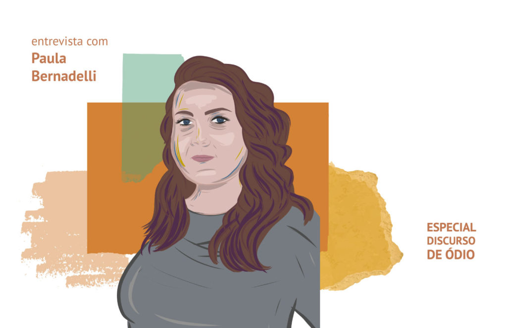 Ilustração de uma mulher branca, gorda, de cabelos ondulados na cor castanho, na altura dos ombros. Veste uma blusa manga comprida cinza. Ao fundo, no canto superior esquerdo, está escrito entrevista com Paula Bernadelli. Já no canto inferior direito, há escrito Especial Discurso de Ódio.