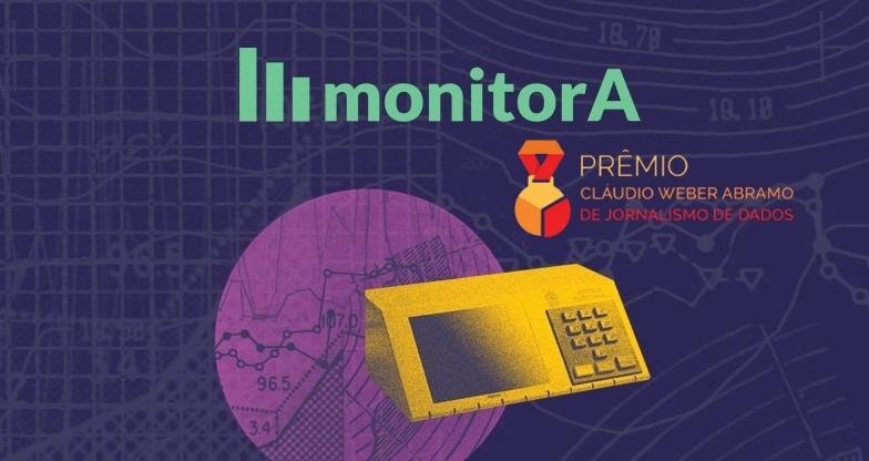 Imagem ilustrativa do projeto MonitorA com fundo roxo. Na parte superior ao centro, está grafado o título monitorA em verde, antecedido por um símbolo de gráfico em barra. Abaixo há uma medalha, que representa o símbolo do prêmio Cláudio Abramo. Centralizada na imagem está uma urna eletrônica em amarelo. Em marca d'água, há representações de gráficos em linha.