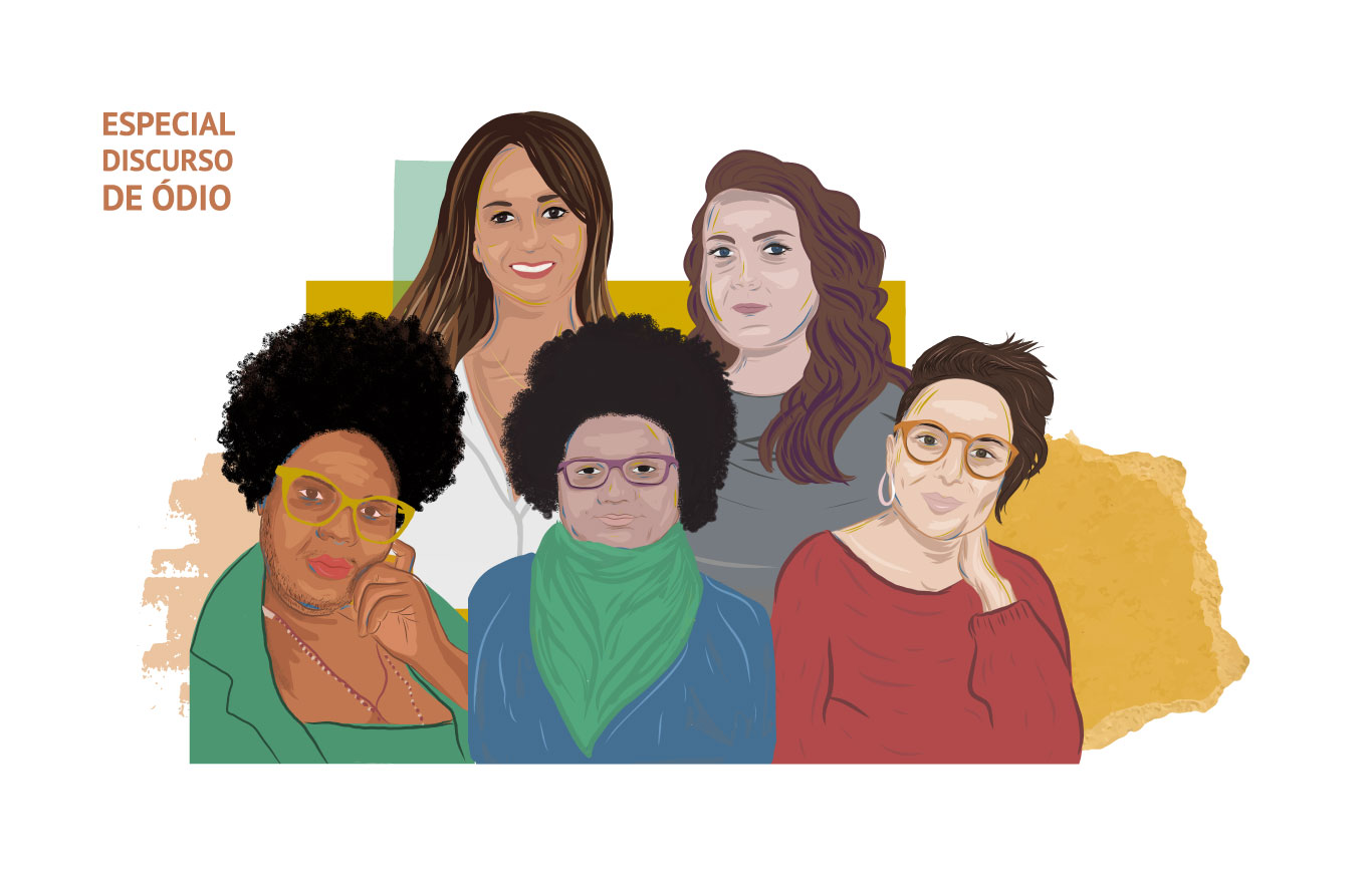 Imagens das participantes do Especial Discurso de ódio. Da esquerda para direita, seguinda da parte superior a inferior da foto: Silvia Chakian, mulher branca de cabelos lisos e castanhos, aparece sorrindo na foto. Paula Bernadelli: mulher branca, gorda, de cabelos ondulados na cor castanho, na altura dos ombros. Veste uma blusa manga comprida cinza. Jész Ipólito, mulher negra de cabelos crespos pretos e curtos, porta um óculos amarelo, um casaco verde e um colar de bolinhas, com a mão esquerda tocando o rosto. Fabiana Benedito, mulher negra, de cabelos pretos, portando um óculos e uma bandana verde no pescoço, blusa azul. Lux Ferreira, pessoa não-binária, de pele branca, cabelos curtos de cor castanha. Lux aparece sorrindo, com a mão encostada no rosto. Veste uma blusa de mangas longas na cor vermelha e óculos amarelos.