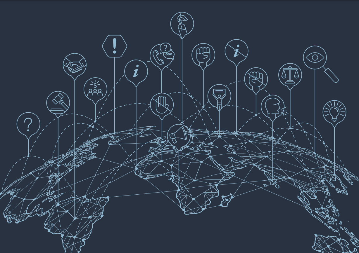 Imagem meramente ilustrativa a respeito do combate à desinformação no Sul Global. A ilustração em linhas apresenta o Sul Global, destacando ícones que simbolizam a comunicação, o direito, a democracia e a globalização.